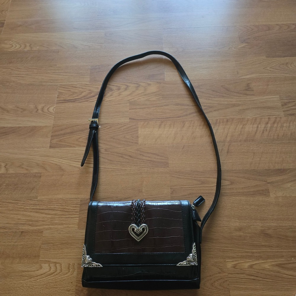 Brighton Croc Embossed Leather Crossbody Organizer Bag Heart Silver Hardware